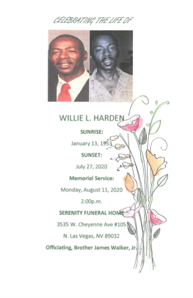 Funeral program cover with two portrait photos, floral design, and memorial service details for Willie J. Harden