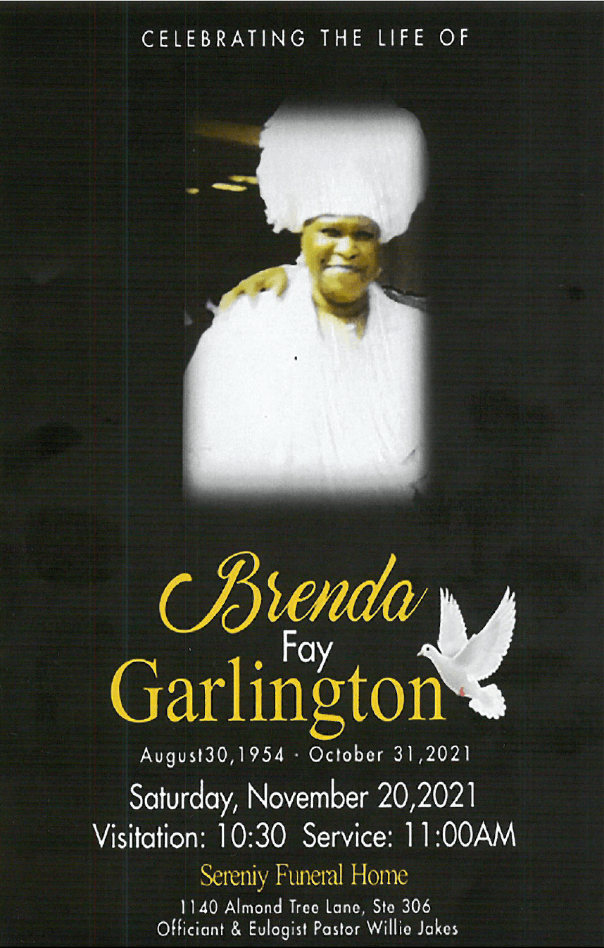 Memorial poster with portrait and gold text for Brenda Fay Garlington, May 5, 1954–Oct. 31, 2021