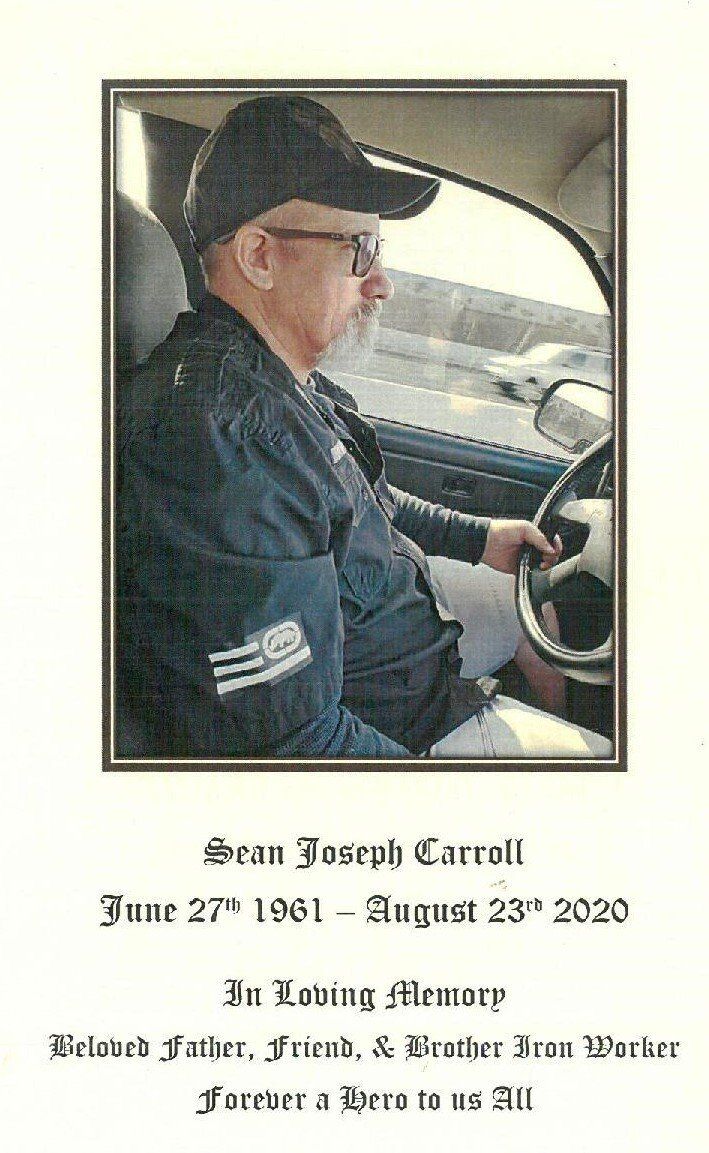 Memorial portrait of a man in a cap seated in a vehicle, with obituary text below