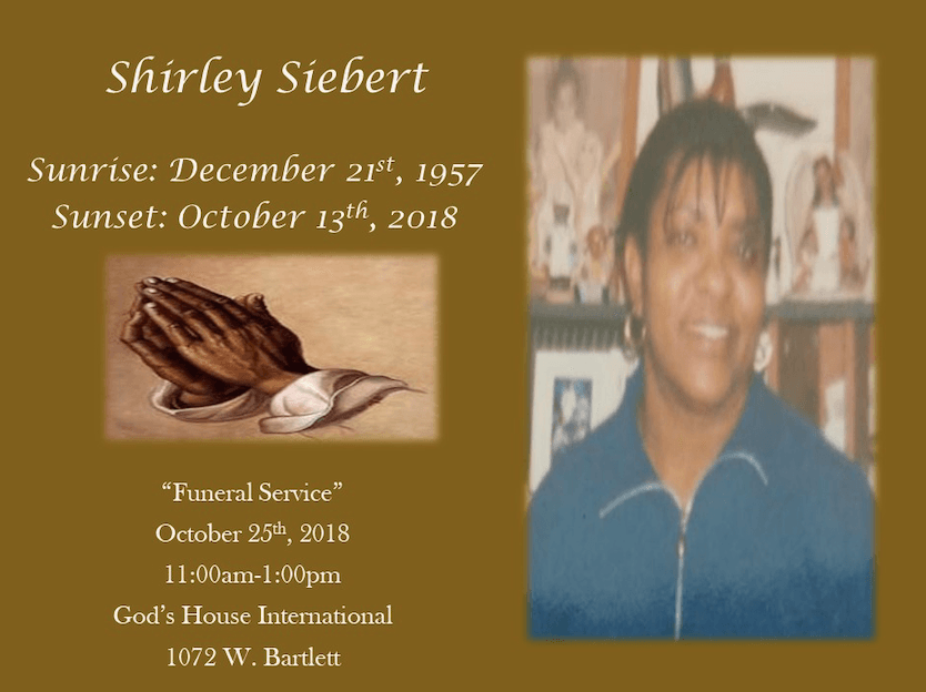 Memorial card for Shirley Siebert with portrait, prayer hands, and sunrise-sunset dates on brown background