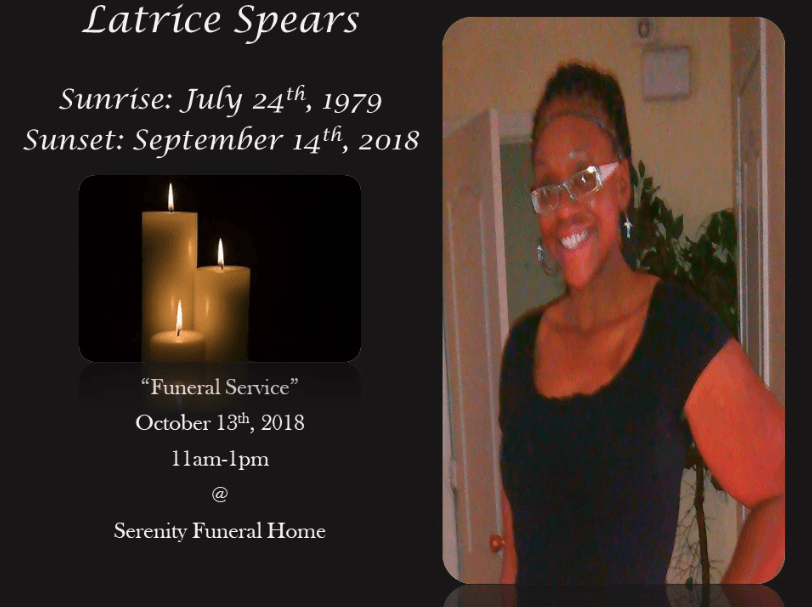 Memorial tribute for Latrice Spears with portrait, candle, and funeral service details on a black background