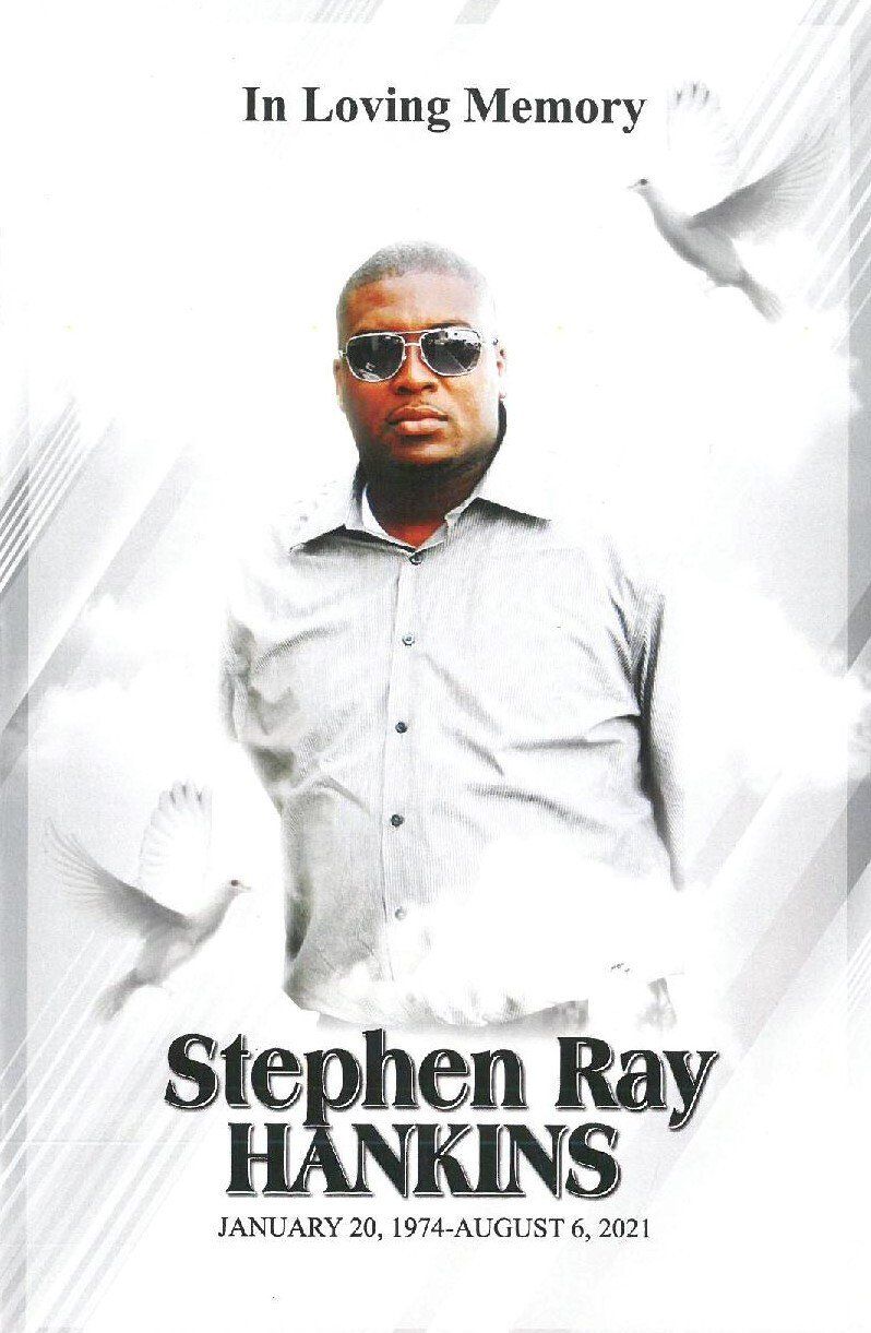 Memorial poster for Stephen Ray Hankins with portrait and “In Loving Memory” text