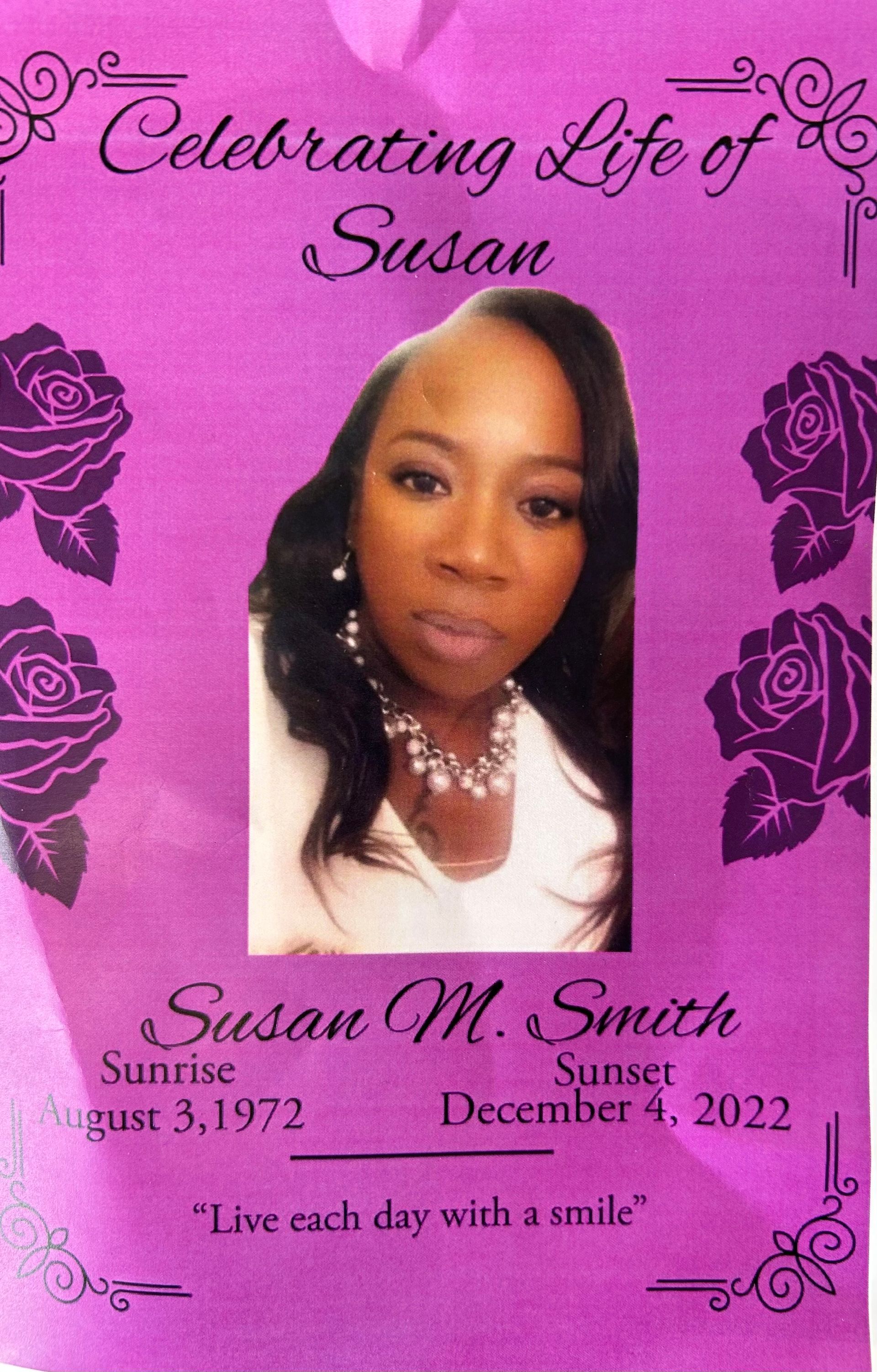 Purple memorial poster with a portrait, roses, and text reading “Celebrating Life of Susan.”