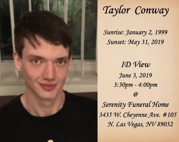 Memorial card with portrait and funeral details for Taylor Conway, including dates and viewing information