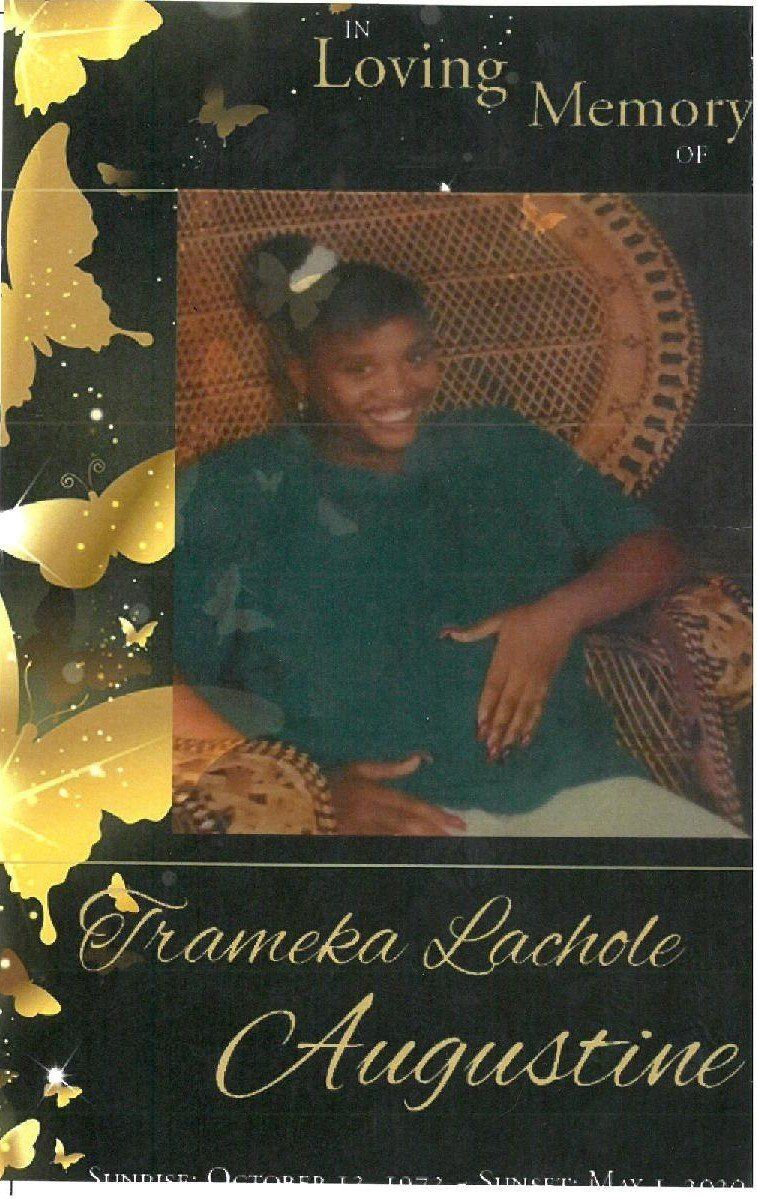 Memorial card with smiling woman in green outfit, gold leaves, and text “Loving Memory” and “Traneka Lachole Augustine”