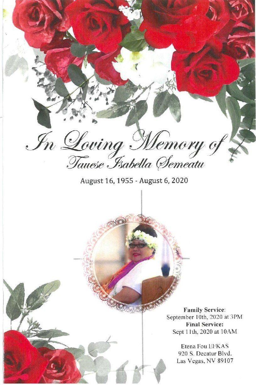 Memorial program with red roses, a portrait, and text honoring a loved one with dates and service details