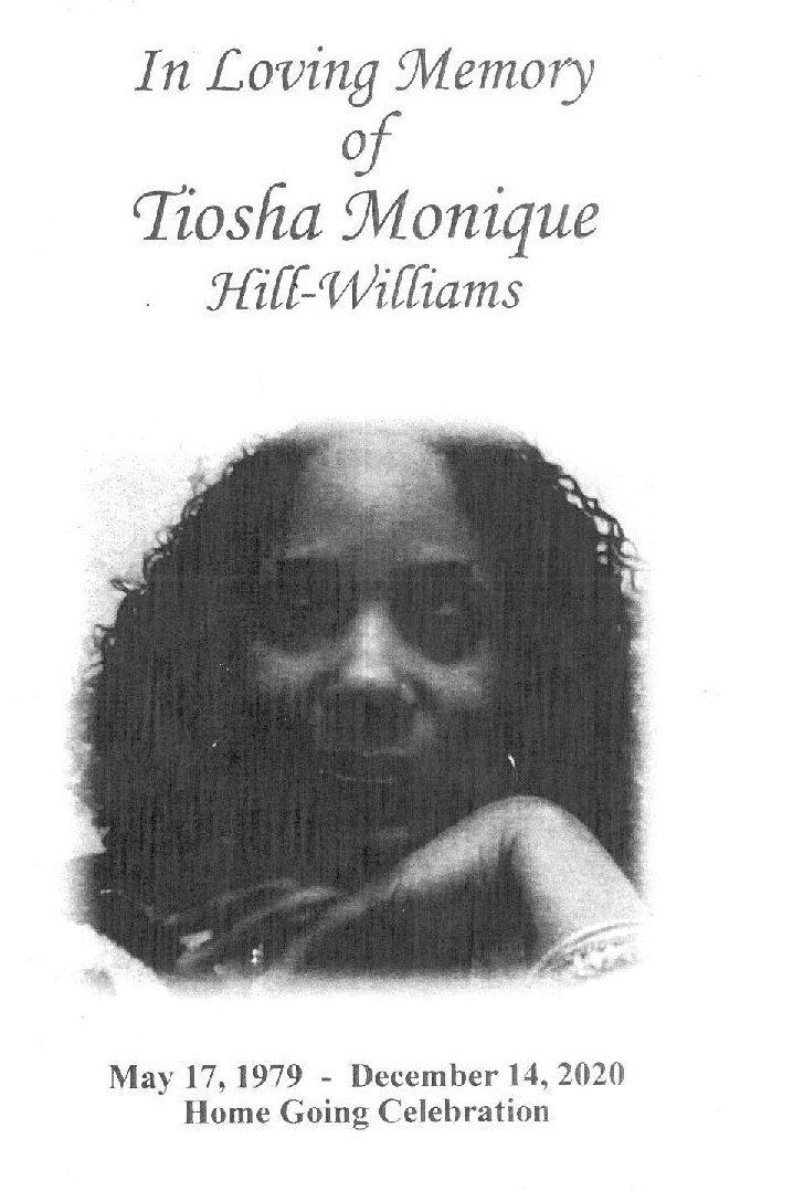 Memorial card with portrait and text: “In Loving Memory of Tiosha Monique Hill-Williams”