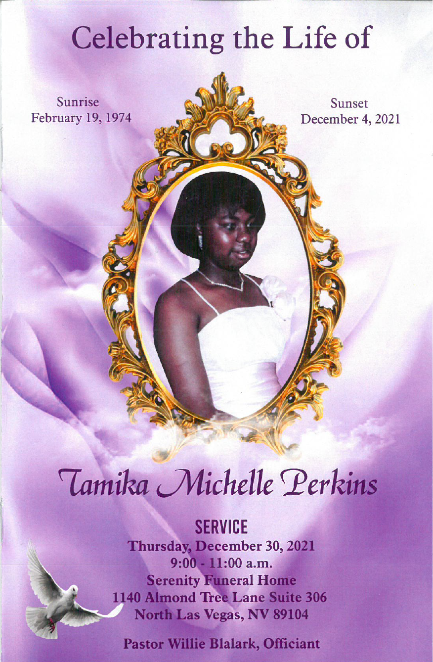 Memorial program cover with a framed portrait, gold accents, purple background, and white doves