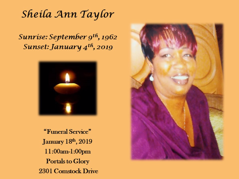 Memorial tribute for Sheila Ann Taylor with candle, portrait, and funeral service details