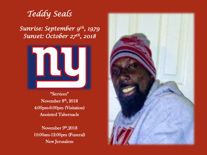 Memorial tribute card with New York Giants logo and a smiling man in a striped knit hat and gray hoodie.