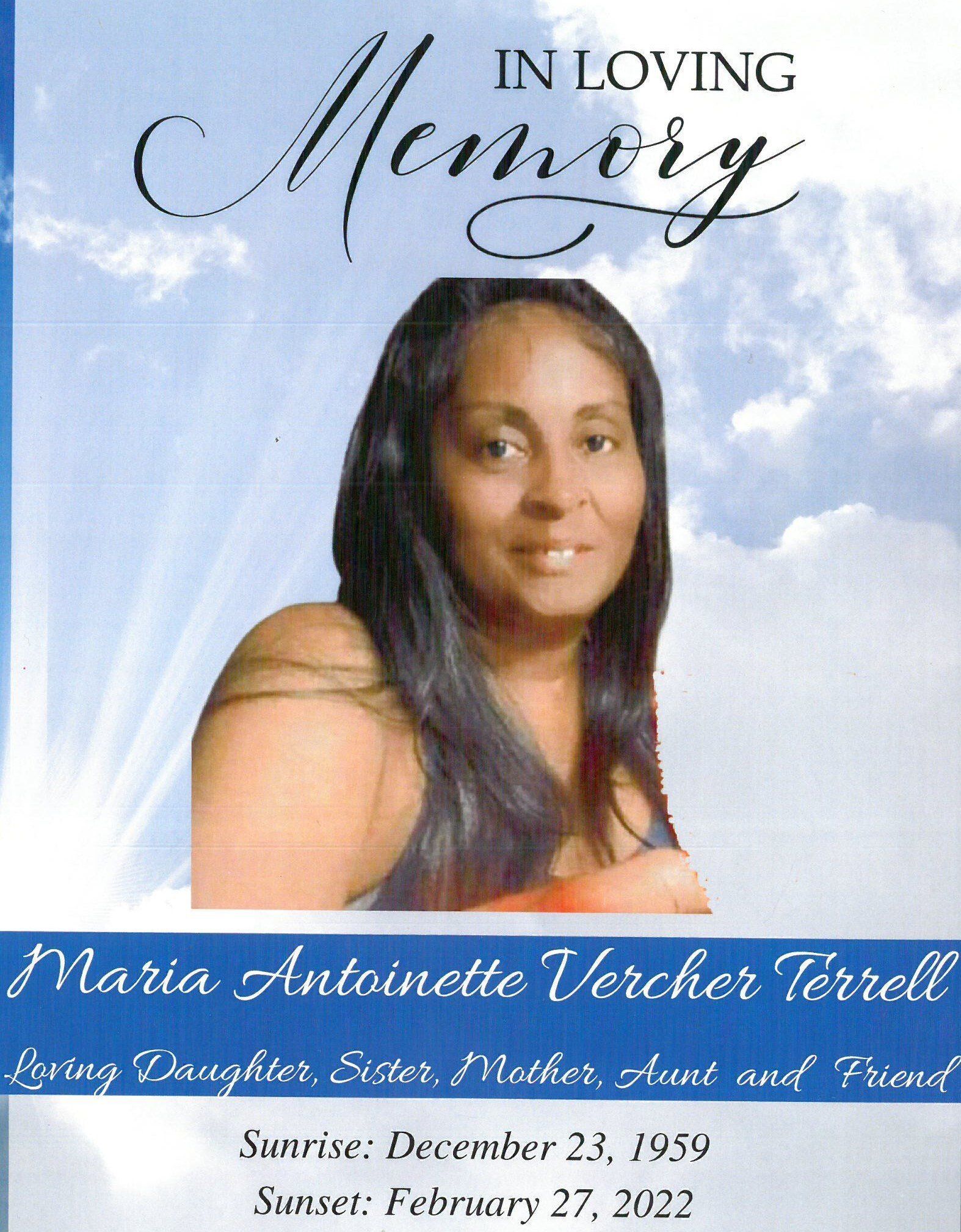 In loving memory memorial card with portrait against a cloudy blue sky background, dates and name below