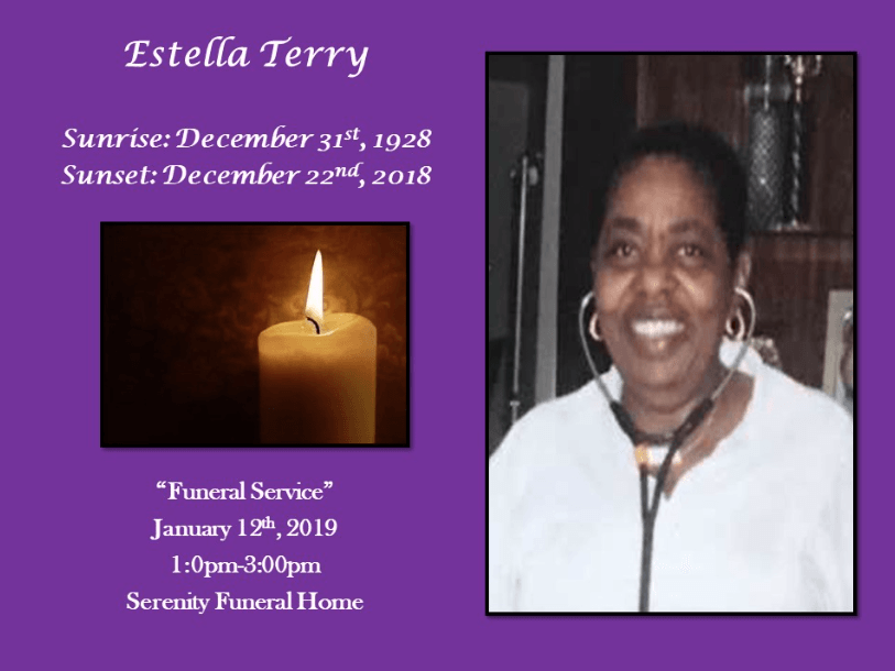 Memorial card with candle and smiling portrait; reads “Estella Terry” and funeral service details.