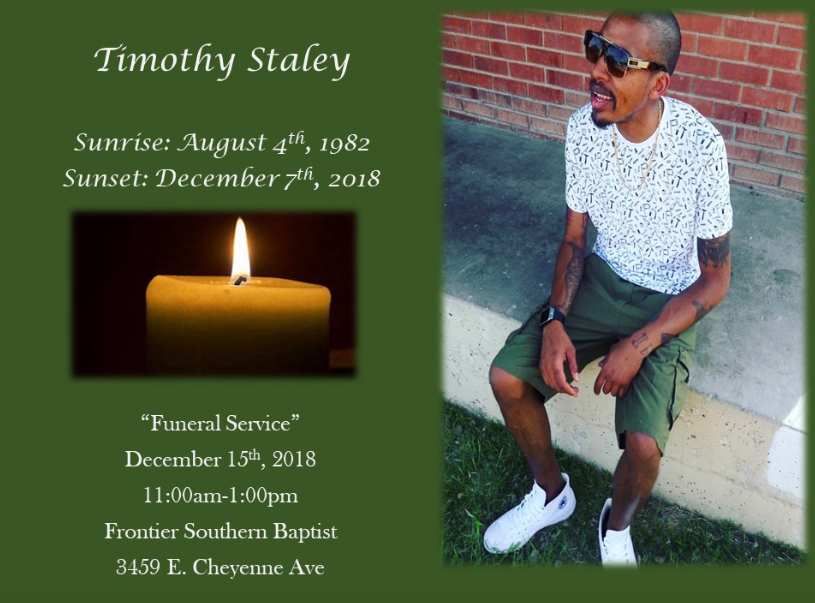 Memorial collage: candle, man seated outdoors, and text for Timothy Staley with sunrise and sunset dates