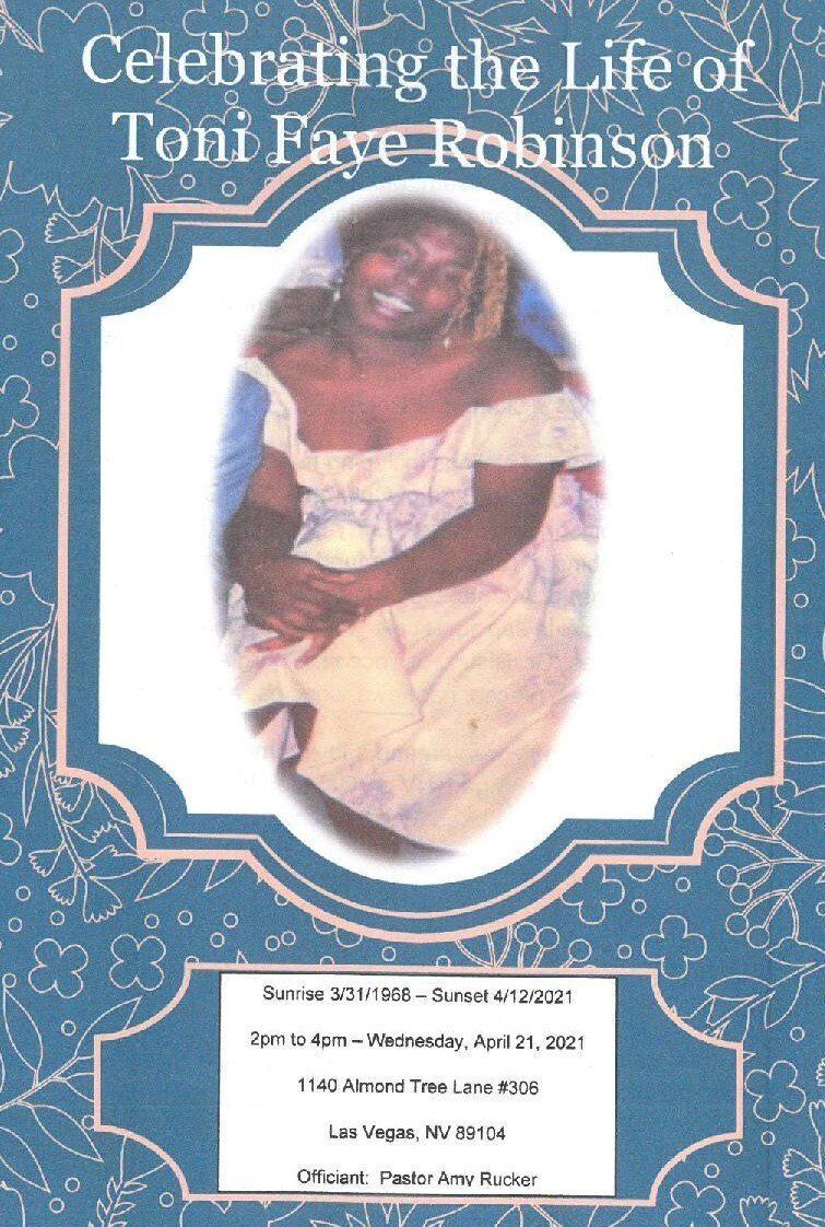 Memorial program cover with blue patterned border and centered portrait, titled “Celebrating the Life of Toni Faye Robinson”