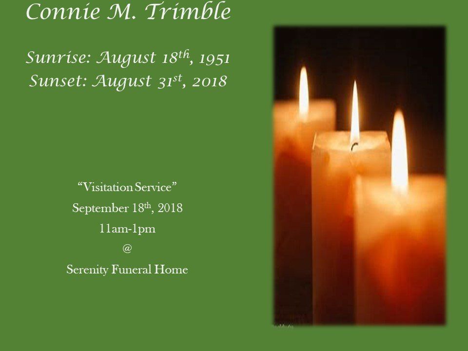 Memorial card for Connie M. Trimble with dates and three lit candles on a green background