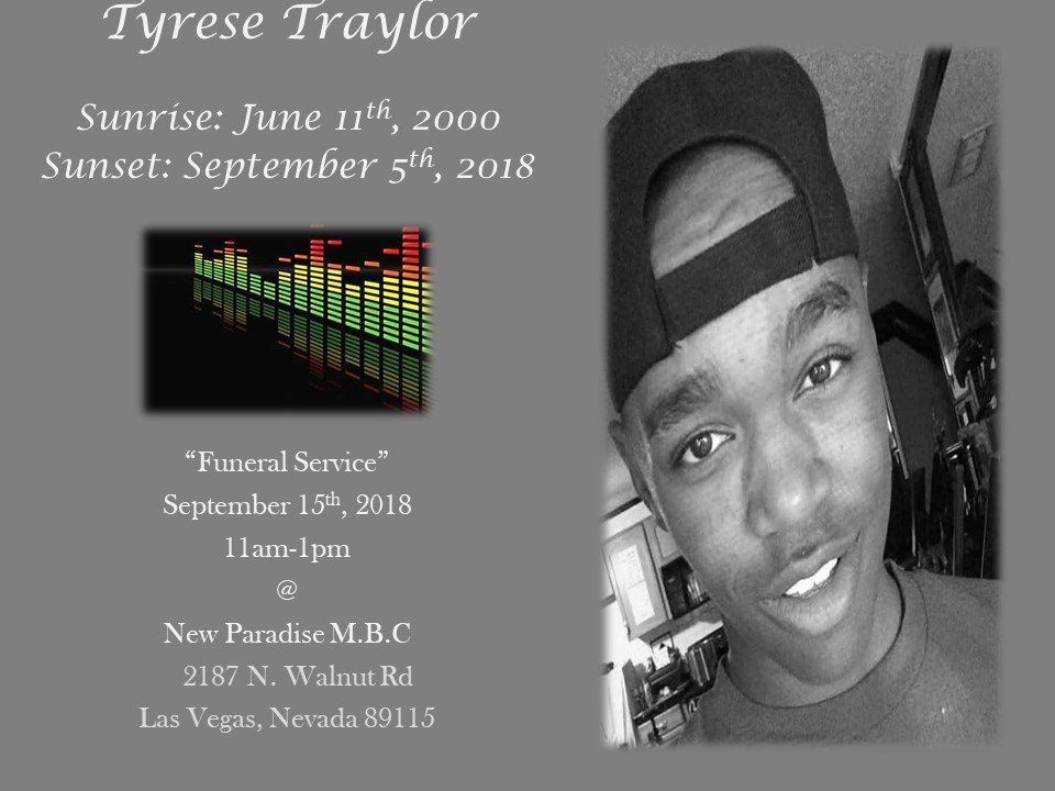 Memorial card for Tyrese Traylor with portrait, sunrise/sunset dates, and funeral service details.