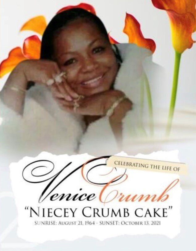 Memorial tribute featuring a smiling woman with flowers and the text “Celebrating the life of Venice Crumb.”