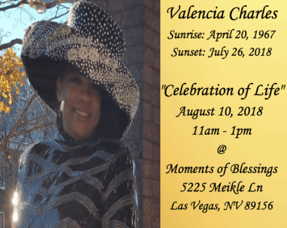 Memorial flyer with portrait, service details, and dates for Valencia Charles at Moments of Blessings