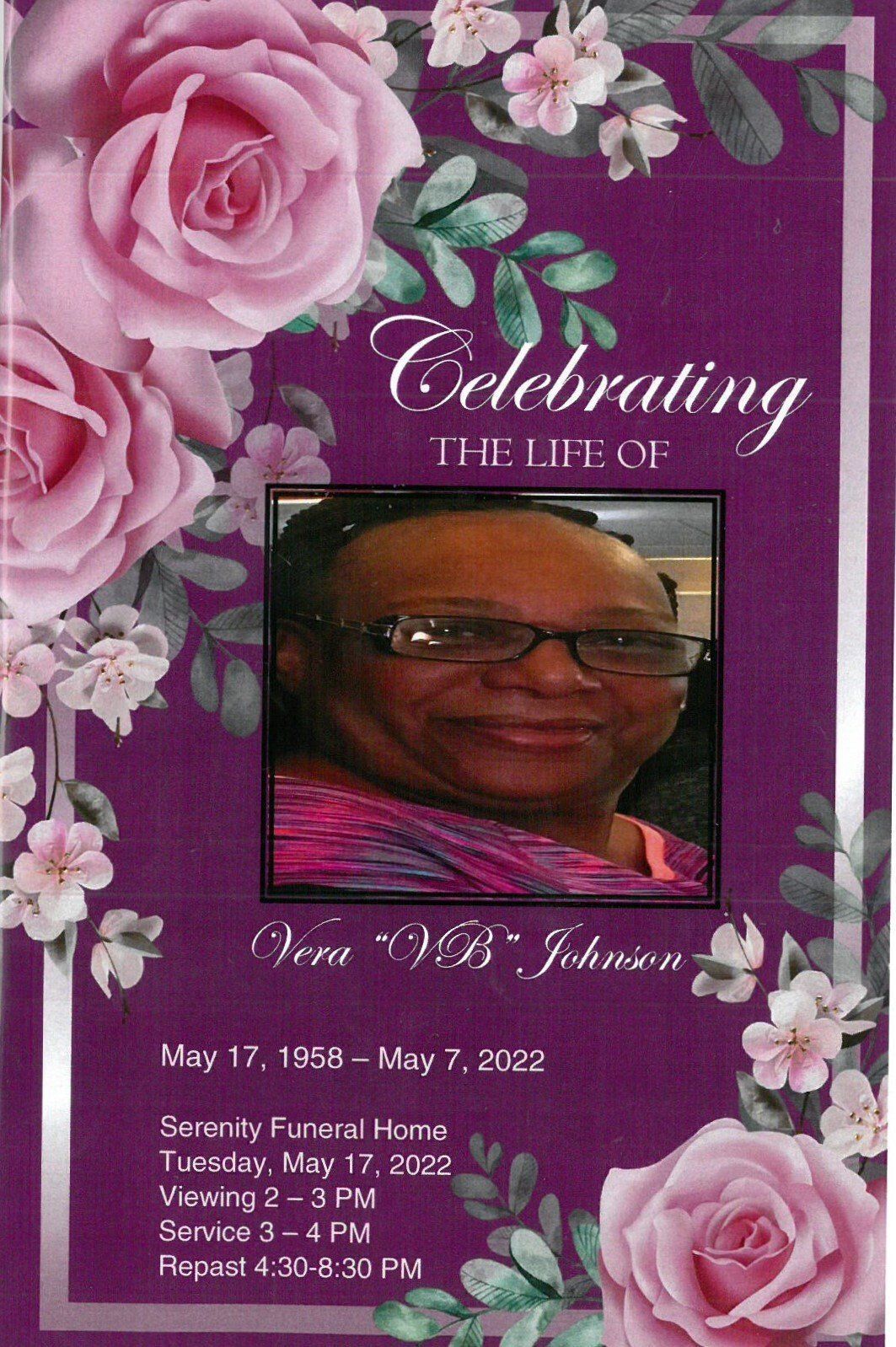 Purple memorial program with pink roses and a portrait, titled “Celebrating” and listing funeral service details
