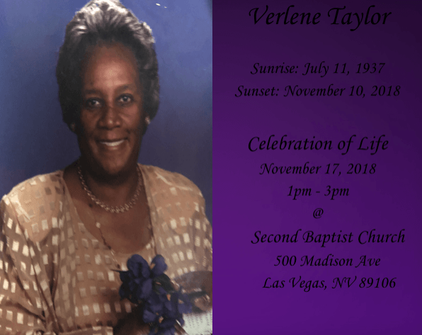 Memorial program with smiling portrait on purple background and text for Verlene Taylor’s celebration of life.