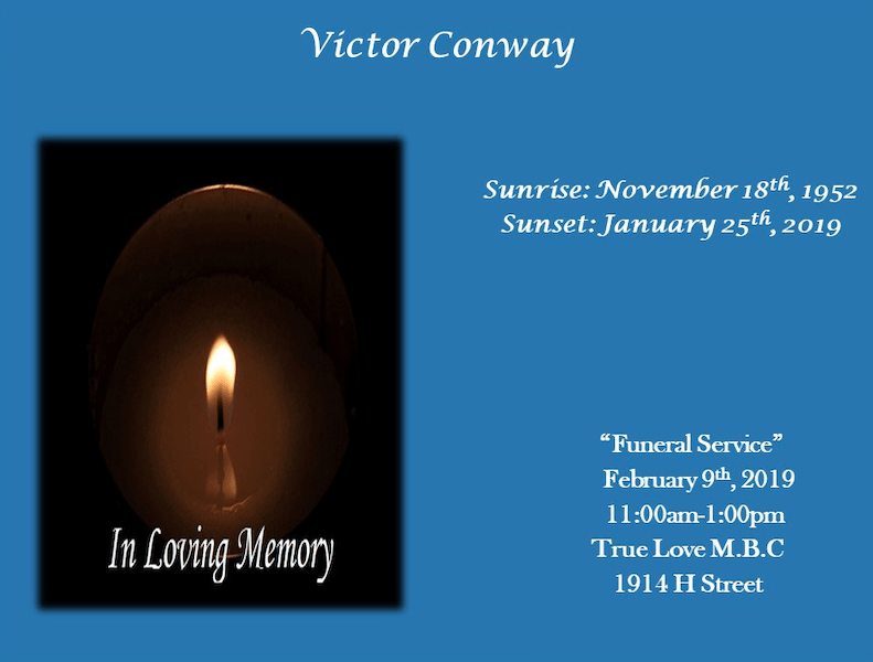 Memorial card for Victor Conway with candle and birth and death dates on blue background