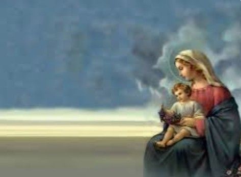 Mary and child seated together, softly lit against a blue-gray background