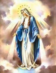 Statue of the Virgin Mary in a blue robe with outstretched arms, glowing with soft light and clouds behind her