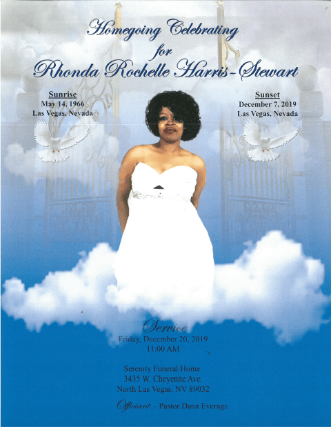 Funeral program cover with a woman in a white gown among clouds and blue sky, honoring Rhonda Rochelle Harris-Pettway