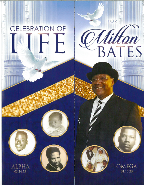Celebration of Life poster for Milton Bates, with portrait, white doves, and Alpha Omega symbols on blue and gold.