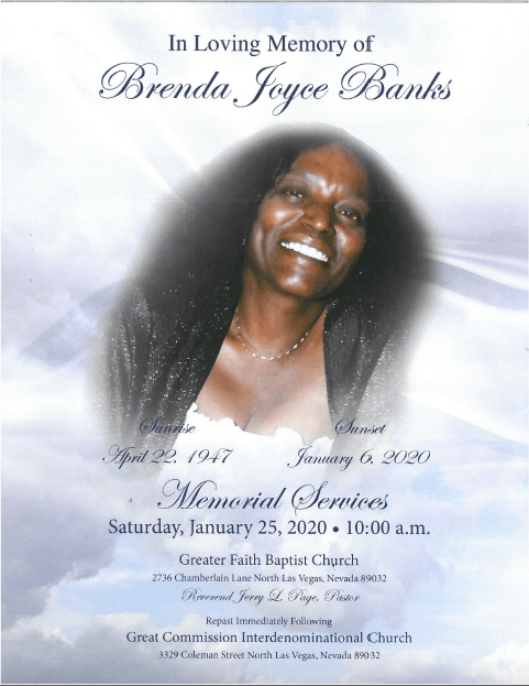 Memorial service program for Brenda Joyce Banks with smiling portrait and white background