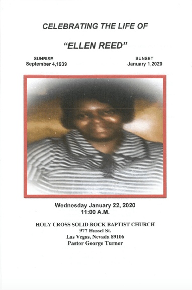 Funeral program for Ellen Reed with portrait, service date, and church details.