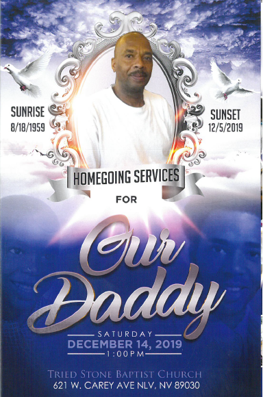 Memorial flyer with portrait, blue sky background, and text for homegoing services for 