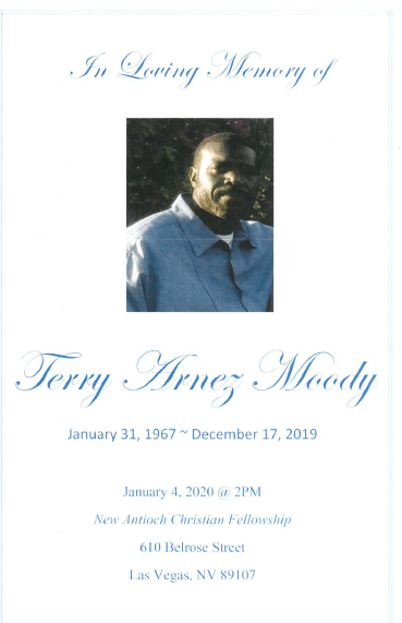 Memorial card with portrait and text honoring Terry Arre-Moody, January 31, 1967–December 31, 2019