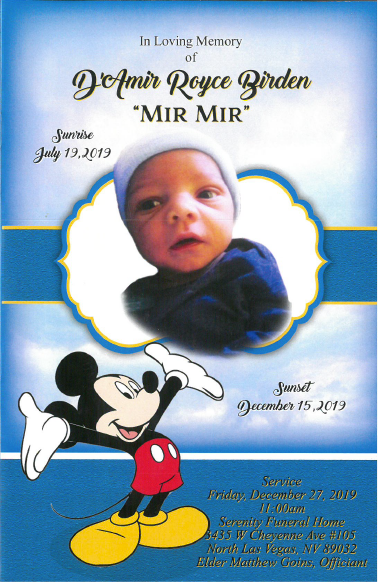Memorial tribute poster with baby photo, Mickey Mouse, and blue-white background titled “MIR MIR”