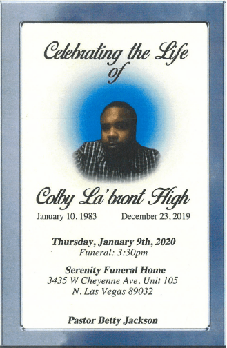 Memorial flyer for Colby La’brant High, with portrait, dates, and service details on a white-and-blue background