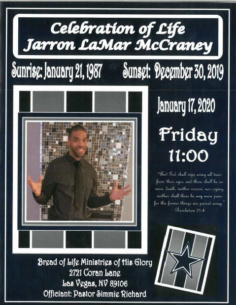 Memorial service flyer with a framed portrait, star logo, and dates, titled “Celebration of Life”