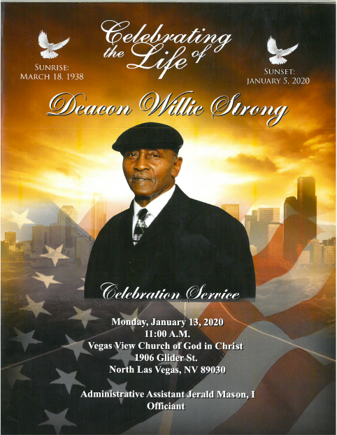 Memorial flyer with suited man, golden sunrise, and text “Celebrating the Life of Deacon Willie Strong.”