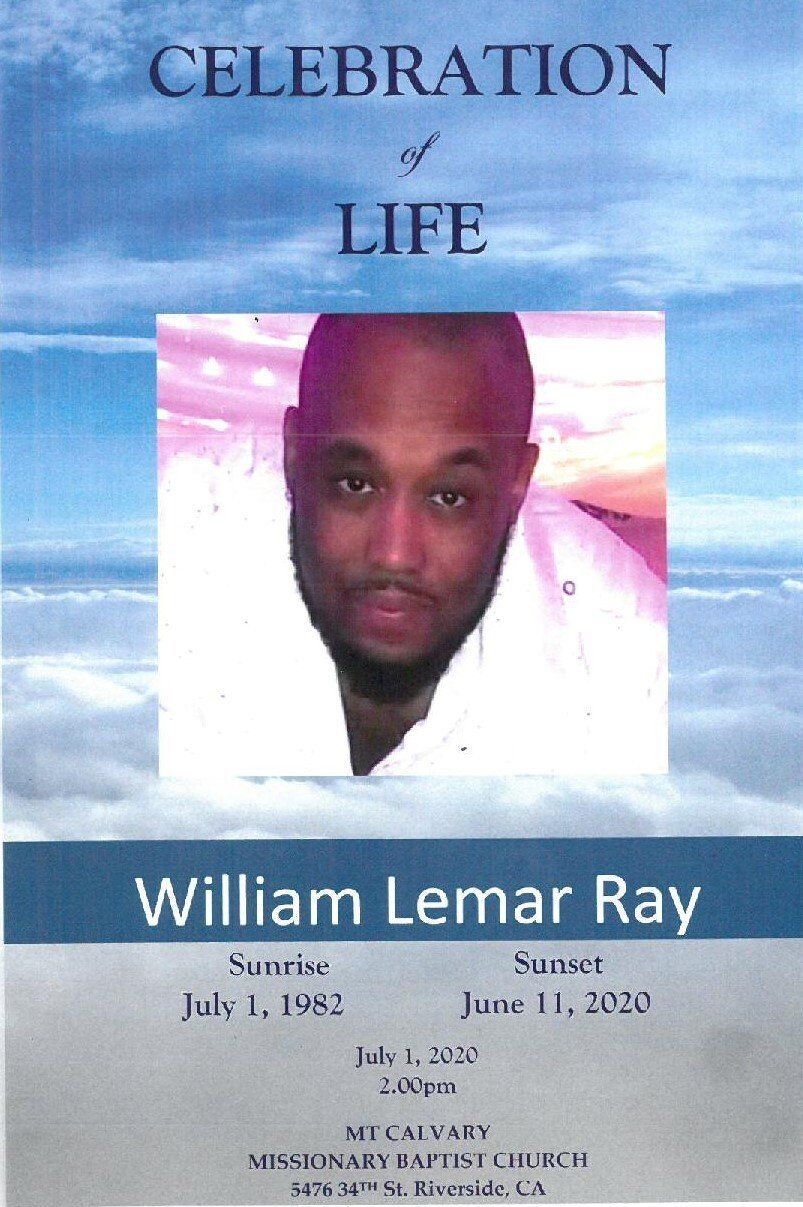 Memorial poster reading “Celebration of Life” with a portrait of William Lemar Ray and service details.