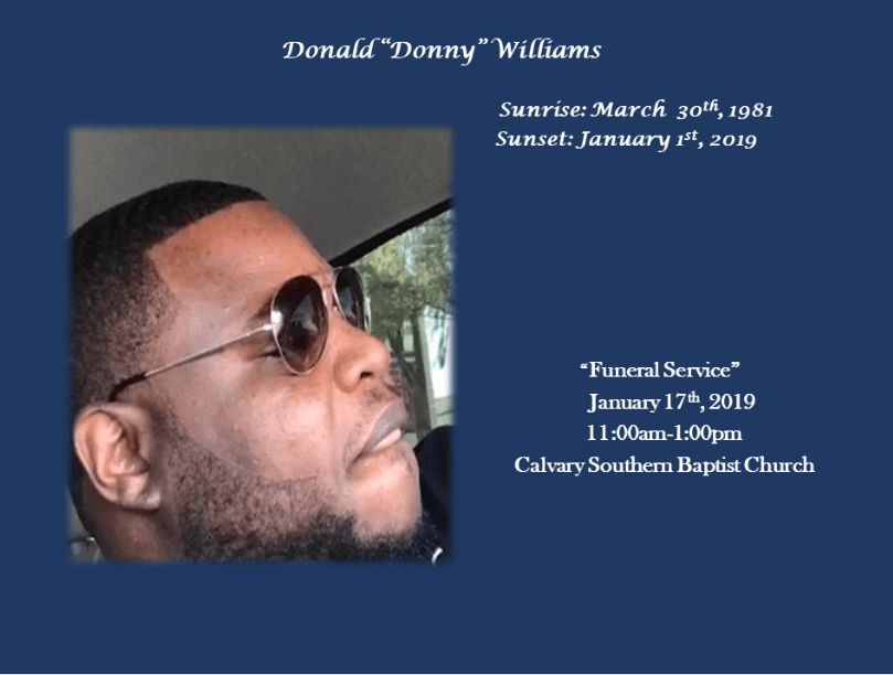 Memorial program cover with a man’s portrait and funeral service details on a blue background