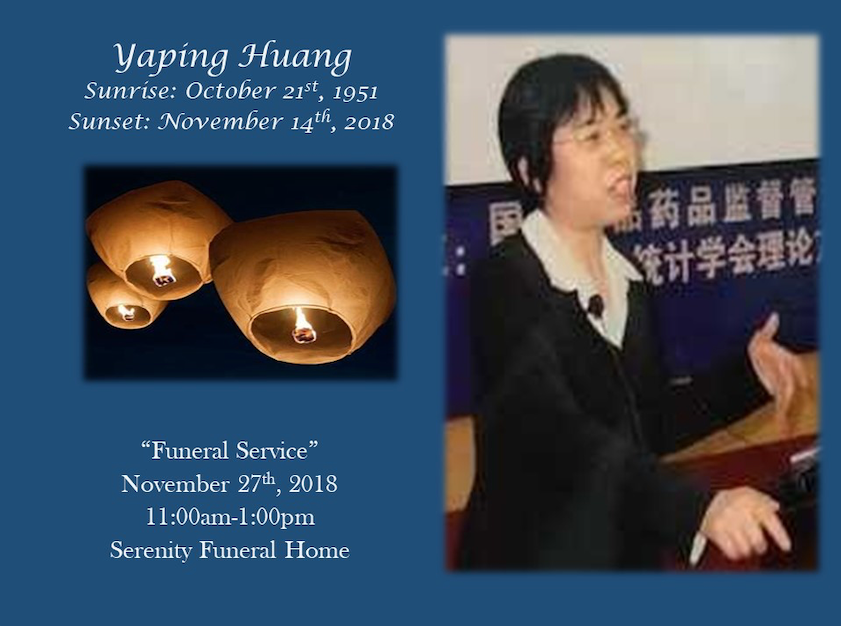 Memorial announcement for Yaping Huang with portrait, lanterns, and funeral service details