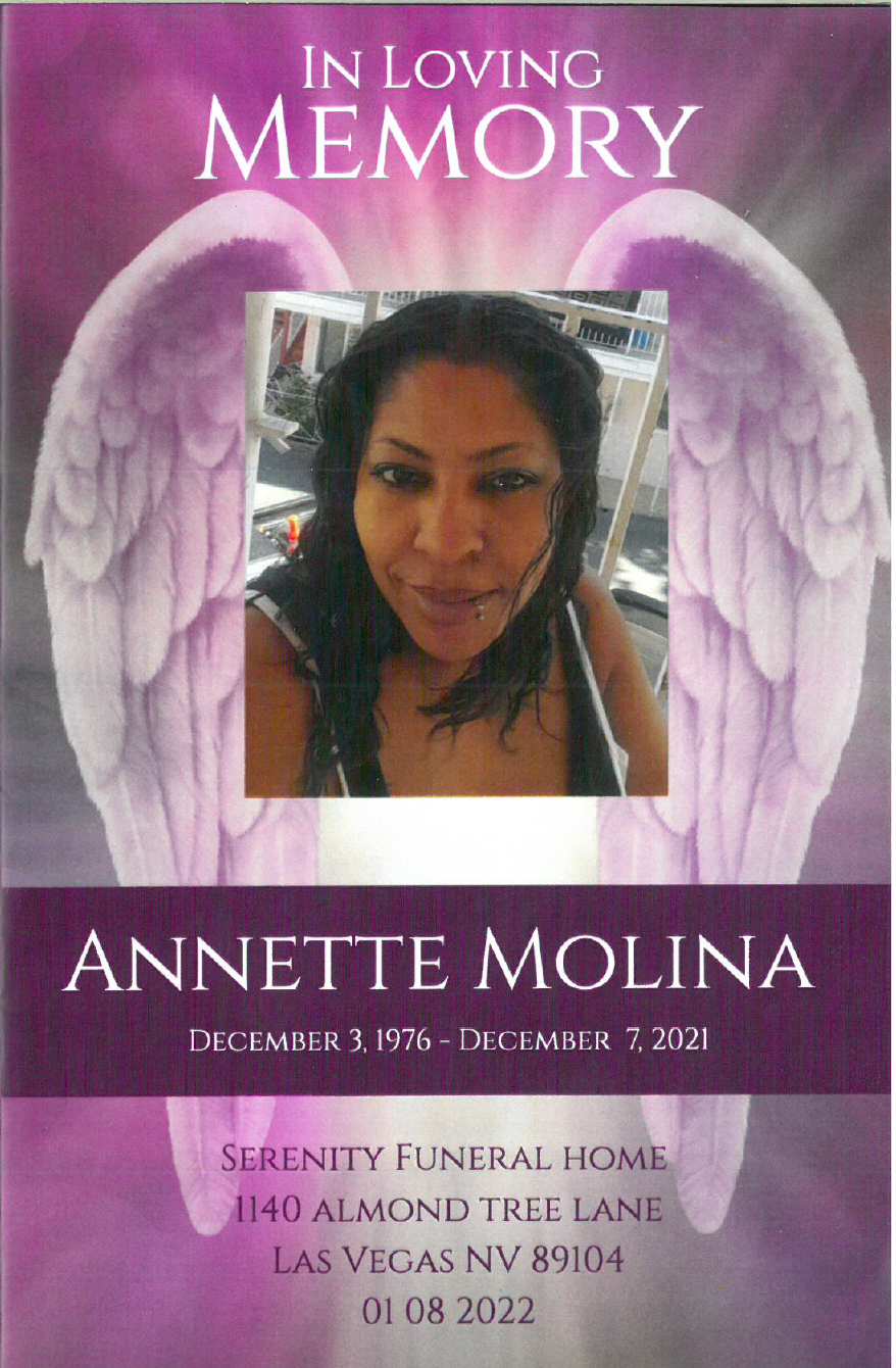 Memorial portrait with purple angel wings and the name Annette Molina.