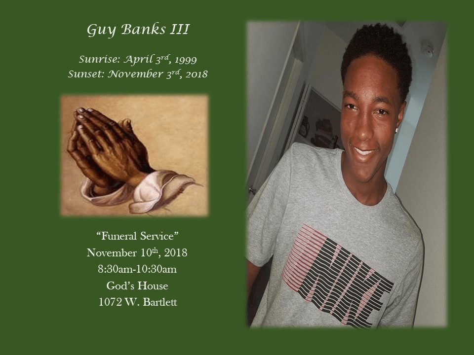 Memorial collage with praying hands, smiling portrait, and funeral details on a green background