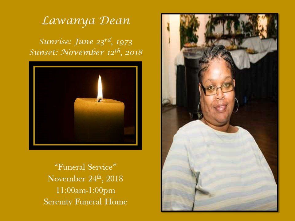Memorial card for Lawanya Dean with candle, portrait, and funeral service details.