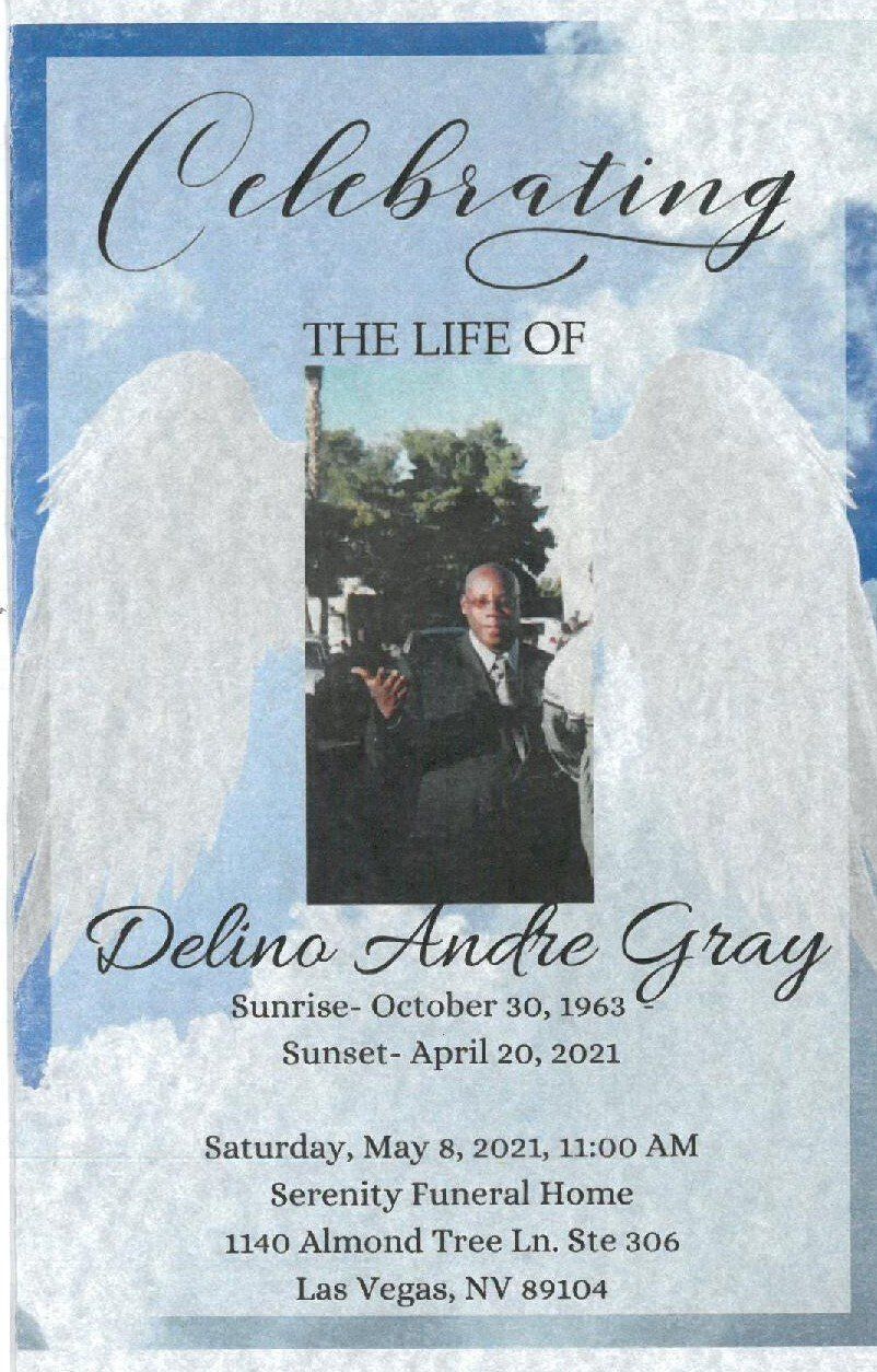 Celebrating the life of Delina Andre Gray with winged portrait and memorial service details.