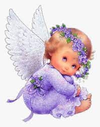 Winged baby angel in a lavender dress with purple flowers, sitting and looking back over her shoulder.