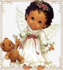 Cute angel doll in a white dress with wings, holding a teddy bear, framed by pink flowers.