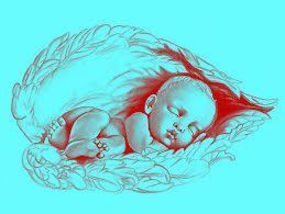Sleeping baby in a nest of leaves, rendered in soft red and blue tones