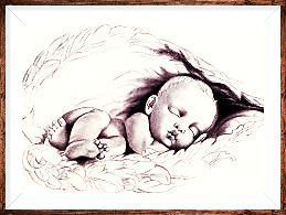Sleeping baby wrapped in a blanket on a fluffy pillow, drawn in soft sepia tones
