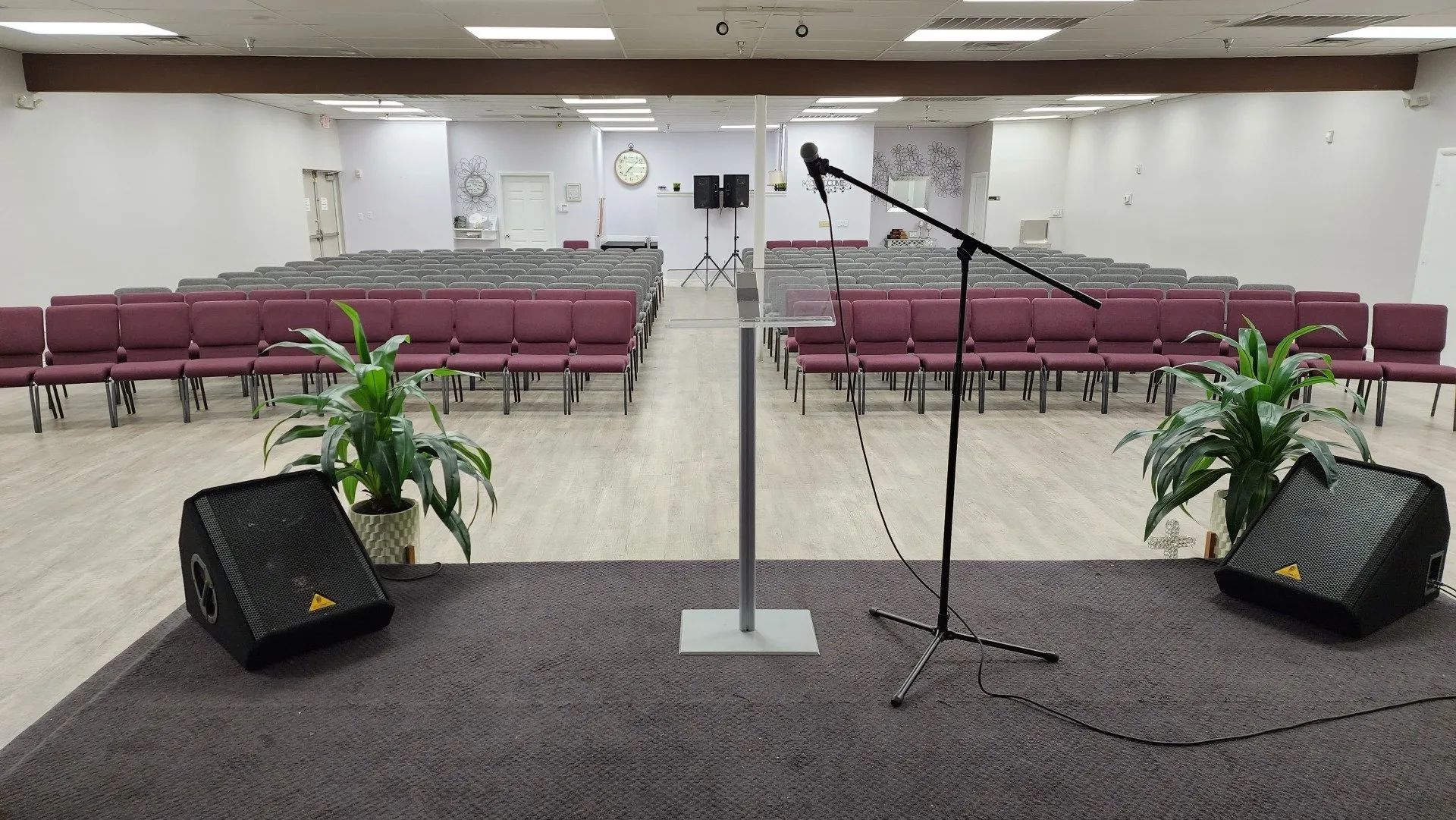 Empty auditorium stage with microphone stand, speakers, potted plants, and rows of chairs in the background