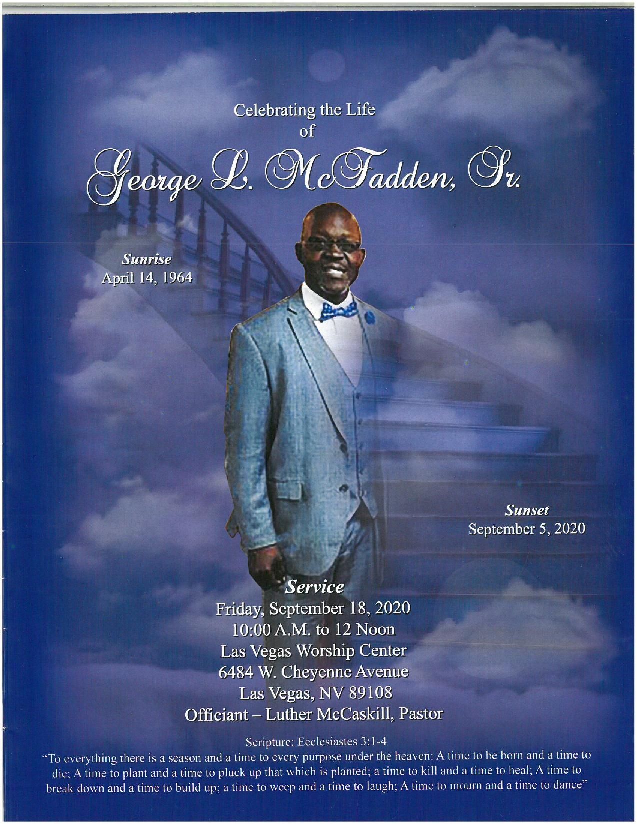 Memorial program cover with a man in a light blue suit against a cloudy blue background and staircase.